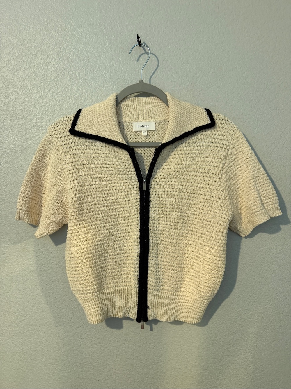 bohme Cream Knit Short-Sleeve Zip Cardigan with Black Trim